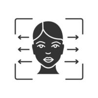 icono de glifo de lector de reconocimiento facial. símbolo de silueta. alineación de escaneo de identificación facial. cabeza humana. ajuste de verificación de identidad. espacio negativo. vector ilustración aislada