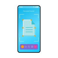 Document scanner smartphone interface vector template. Mobile app page blue design layout. Text scanning, recognition screen. Flat UI for application. File conversion, formatting, print. Phone display