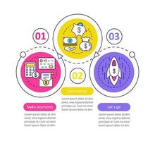 Business development vector infographic template. Make payment, earn money, startup launch. Data visualization with three steps and options. Process timeline chart. Workflow layout with icons