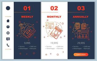 suscripción a revista incorporación de pantallas de aplicaciones móviles con precios de servicio. publicaciones periódicas, recorridos, plantillas de páginas de sitios web. Pasos de planes tarifarios semanales y mensuales. diseño web de pago de teléfono inteligente vector