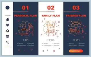Subscription fees onboarding mobile app screens with service prices. Pay and play walkthrough website pages templates. Personal, family, friends tariff plans steps. Smartphone payment web page layout vector