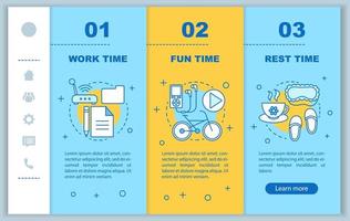 Time management onboarding mobile web pages vector template. Responsive smartphone website interface idea with linear illustrations. Rest, work time webpage walkthrough step screens. Color concept