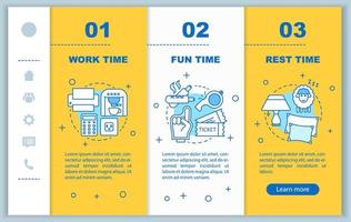 Time management onboarding mobile web pages vector template. Responsive smartphone website interface idea with linear illustrations. Rest time webpage walkthrough step screens. Color concept