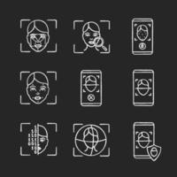 Facial recognition chalk icons set. Biometric identification. Faceprint analysis, face lock scanning, rejection, protection smartphone apps, 3d ID scanner. Isolated vector chalkboard illustrations