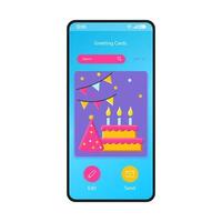 Greeting cards gallery smartphone interface vector template. Mobile app page blue design layout. Birthday, holiday ecard maker, editor screen. Flat UI for application. Party invitation. Phone display