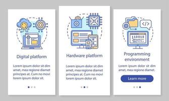 Programming onboarding mobile app page screen with linear concepts. Cross platform development environment walkthrough steps graphic instructions. UX, UI, GUI vector template with illustrations