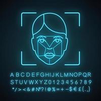 Faceprint analysis neon light icon. Facial recognition software. Face ID scan. Biometric identification. Glowing sign with alphabet, numbers and symbols. Vector isolated illustration