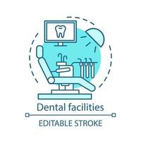 Dental facilities concept icon. Modern dentistry. Medical equipment. Patient chair, lamp, screen. Stomatological office idea thin line illustration. Vector isolated outline drawing. Editable stroke