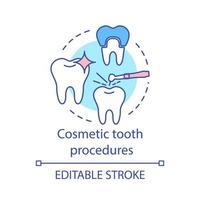 Cosmetic tooth procedures concept icon. Dental therapy, whitening and restoration. Tooth treatment, setting crown idea thin line illustration. Vector isolated outline drawing. Editable stroke