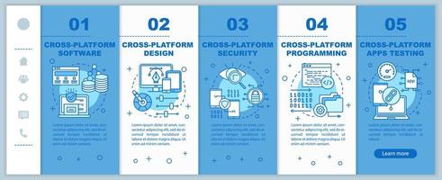 Cross platform development onboarding mobile web pages vector template. Responsive smartphone website interface idea with linear illustrations. Webpage walkthrough step screens. Color concept