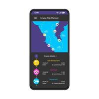 Cruise trip planner smartphone interface template. Vacation travel advisor mobile app page. Journey, voyage itinerary screen. Marine tour route, destination tracker application flat UI. Phone display vector