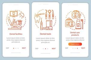 pantalla de la página de la aplicación móvil de incorporación de material dental con conceptos lineales. herramientas dentales, aparatos, productos para el cuidado paso a paso instrucciones gráficas. ux, ui, plantilla de vector de interfaz gráfica de usuario con ilustraciones