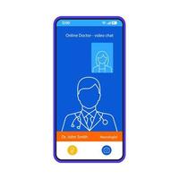 Plantilla de vector de interfaz de teléfono inteligente de consulta médica en línea. diseño de diseño azul de la página de la aplicación móvil. video chat, cita médica con pantalla de neurólogo. interfaz de usuario plana para la aplicación. pantalla del teléfono