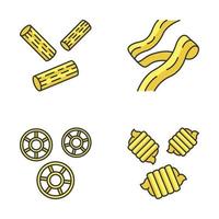 Pasta noodles types color icons set. Traditional Mediterranean macaroni. Rigatoni, pappardelle, rotelle, riccioli. Italian food. Products from unleavened dough. Isolated vector illustrations