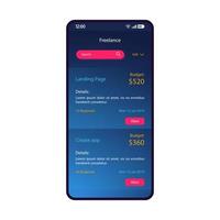 Freelance services smartphone interface vector template. Mobile page dark blue design layout. Website development, app creation orders screen. Flat UI for application. Online employment. Phone display