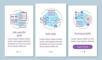 Skills onboarding mobile app page screen with linear concepts. Job specific, soft, technical skills, employee abilities walkthrough steps instructions. UX, UI, GUI vector template with illustrations