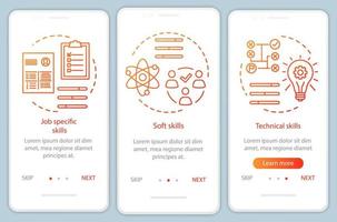 habilidades naranja degradado incorporación plantilla de vector de pantalla de página de aplicación móvil. habilidades duras, cualidades profesionales a través de pasos del sitio web con ilustraciones lineales. interfaz de teléfono inteligente ux, ui, gui