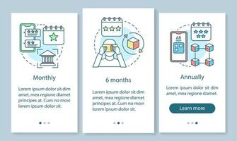 pantalla de la página de la aplicación móvil de incorporación de la herramienta ar con conceptos lineales. tarifas mensuales o anuales. Instrucciones gráficas de tres pasos de tutorial. ux, ui, plantilla de vector de interfaz gráfica de usuario con ilustraciones