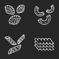 Pasta noodles chalk icons set. Different Mediterranean macaroni. Shells, elbows, penne, lasagne sheets. Types of dry dough products. Italian cuisine. Isolated vector chalkboard illustrations