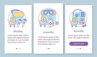 Pantalla de la página de la aplicación móvil de incorporación de la suscripción del juego vr con conceptos lineales. tarifas mensuales o anuales. Instrucciones gráficas de tres pasos de tutorial. ux, ui, plantilla de vector de interfaz gráfica de usuario con ilustraciones