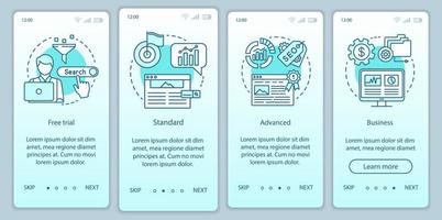 SEO keyword tool subscription onboarding mobile app page screen vector template. Standard tariff. Walkthrough website steps with linear illustrations. UX, UI, GUI smartphone interface concept