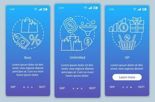 Discounts bonuses subscription onboarding mobile app page screen vector template. Walkthrough website steps with linear illustrations. Basic, VIP tariffs. UX, UI, GUI smartphone interface concept