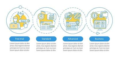 SEO keyword tool subscription vector infographic template. Standard tariff. Business presentation design elements. Data visualization, four step, option. Process timeline chart. Workflow layout, icons