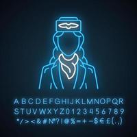 Stewardess neon light icon. Air hostess. Airplane team. Aircrew. Plane worker. Jet uniform. Aviation service staff. Glowing sign with alphabet, numbers and symbols. Vector isolated illustration