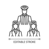 Aircrew linear icon. Pilot and stewardesses. Air hostess. Airplane team. Plane workers. Jet uniform. Thin line illustration. Contour symbol. Vector isolated outline drawing. Editable stroke
