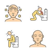 Food poisoning, allergy symptoms color icons set. Fatigue, malaise, vertigo. Vomiting, diarrhea, constipation. Swelling, dizziness allergic reaction. Mumps, flu fever. Isolated vector illustrations