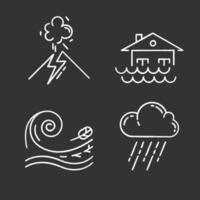 Natural disaster chalk icons set. Geological and atmospheric hazards. Flood, tsunami, volcanic eruption, downpour. Destructive force of nature. Isolated vector chalkboard illustrations