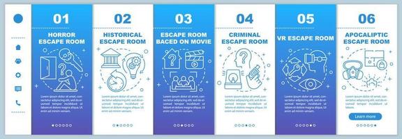 Escape room blue onboarding mobile web pages vector template. Quest types. Responsive smartphone website interface idea with linear illustrations. Webpage walkthrough step screens. Color concept