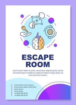 Escape room poster template layout. Quest banner, booklet, leaflet print design with linear icons. Strategy real life game vector brochure page layout for magazines, advertising flyers
