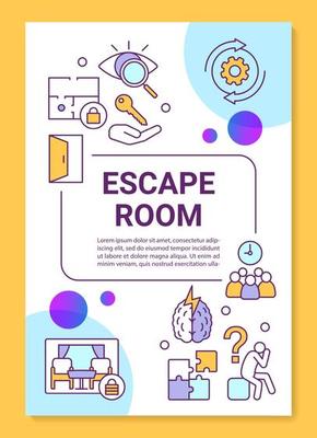 Escape room poster template layout. Quest banner, booklet, leaflet print design with linear icons. Riddle solving game vector brochure page layout for magazines, advertising flyers
