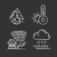 Natural disaster chalk icons set. Environmental hazards. Weather forecast, tornado, avalanche, downpour. Insurance case. Extreme events. Destructive nature. Isolated vector chalkboard illustrations