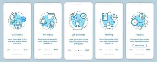 HR skills onboarding mobile app page screen vector template. Purposefulness. Employee qualities walkthrough website steps. Goal setting, planning. UX, UI, GUI smartphone interface concept
