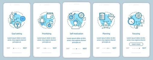 Plantilla de vector de pantalla de página de aplicación móvil de incorporación de habilidades de recursos humanos. decisión. Calidades de los empleados a través de los pasos del sitio web. establecimiento de objetivos, planificación. concepto de interfaz de teléfono inteligente ux, ui, gui