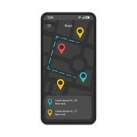 GPS navigation app interface vector template. Mobile application page black design layout. Route searching screen. Flat UI application. Choosing destination. Phone display with digital map, pinpoints