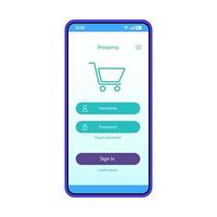 plantilla de vector de interfaz de cuenta de compras en línea. compra digital. diseño de la página de la aplicación móvil. pantalla de inicio de sesión de la tienda de Internet. autorización de usuario. ui plana. pantalla del teléfono con contraseña, nombre de usuario