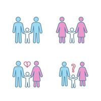 Child custody color icons set. Parenthood. LGBT families. Same sex parenting, divorce, child custody evaluation. Isolated vector illustrations