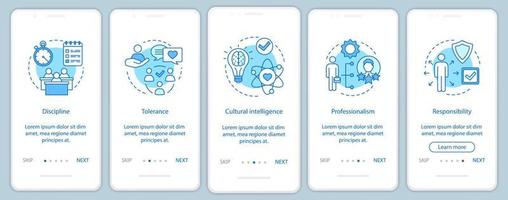 Employee soft skills onboarding mobile app page screen vector template. Baseline qualities, abilities walkthrough website steps. Responsibility, discipline, tolerance. UX, UI, GUI smartphone interface