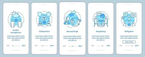 habilidades y cualidades de trabajo en equipo incorporación de plantilla de vector de pantalla de página de aplicación móvil. Pasos del sitio web del tutorial de empleo. negociación, delegación, colaboración. concepto de interfaz de teléfono inteligente ux, ui, gui