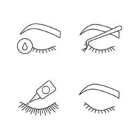 Eyelash extension linear icons set. Thin line contour symbols. False lashes glue, primer for eyelash extension, cluster, closed woman's eye. Isolated vector outline illustrations. Editable stroke