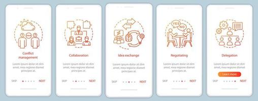 habilidades y cualidades de formación de equipos incorporación de plantilla de vector de pantalla de página de aplicación móvil. Pasos del sitio web del tutorial de empleo. negociación, delegación, colaboración. interfaz de teléfono inteligente ux, ui, gui