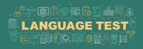 Language proficiency test word concepts banner. Presentation. Isolated lettering typography idea with linear icons. Online learning courses. Foreign language practice. Vector outline illustration