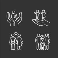 Child custody chalk icons set. Childcare. Children's rights and protection, happy families. Positive parenting. Isolated vector chalkboard illustrations