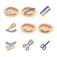 Eyelash extension color icons set. Makeup tools. Primer, cluster, tweezers, glue, lash curler, scissors, stop touching, before and after eyelash extension. Isolated vector illustrations