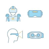 Virtual reality color icons set. VR player with mask, wireless controllers, headset inside view, 3D glasses. Isolated vector illustrations