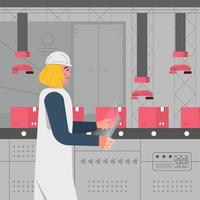 Female Factory Worker Inspecting Goods on Conveyor Belt vector