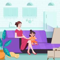 Mother And Daughter Watch Television Concept vector